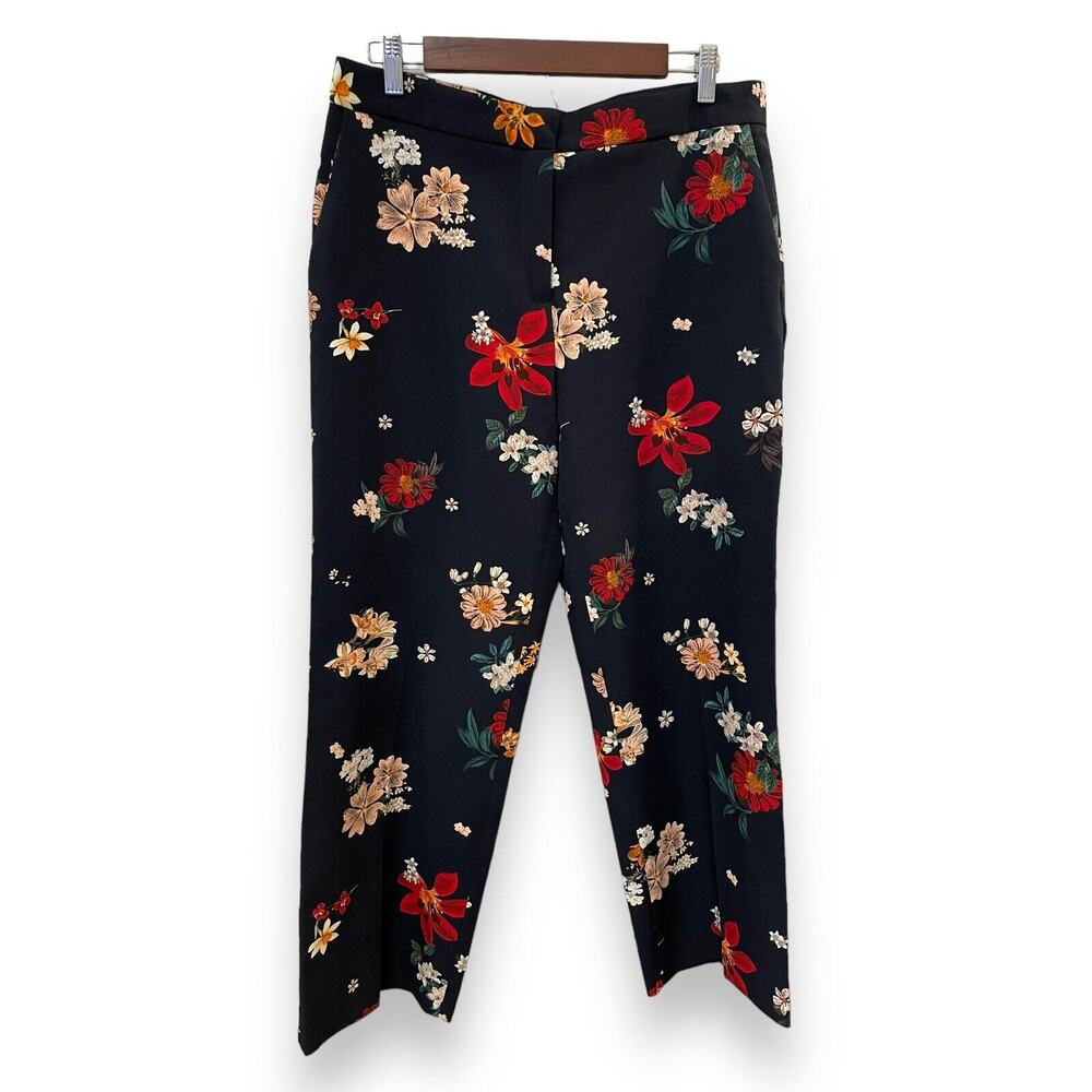 Zara Basic Womens L Floral Straight Leg High Rise Stretch Ankle Pants Navy Blue